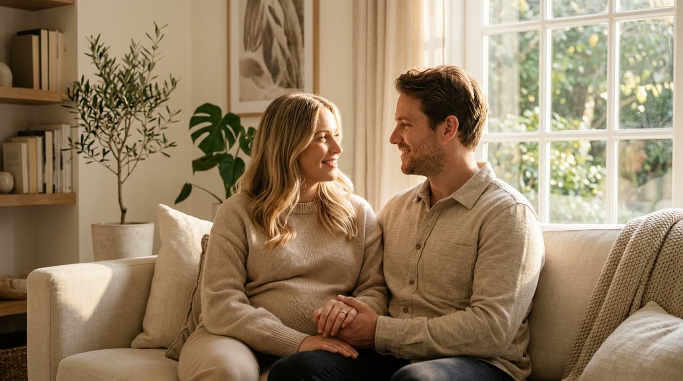 A loving couple preparing mindfully for parenthood in warm light